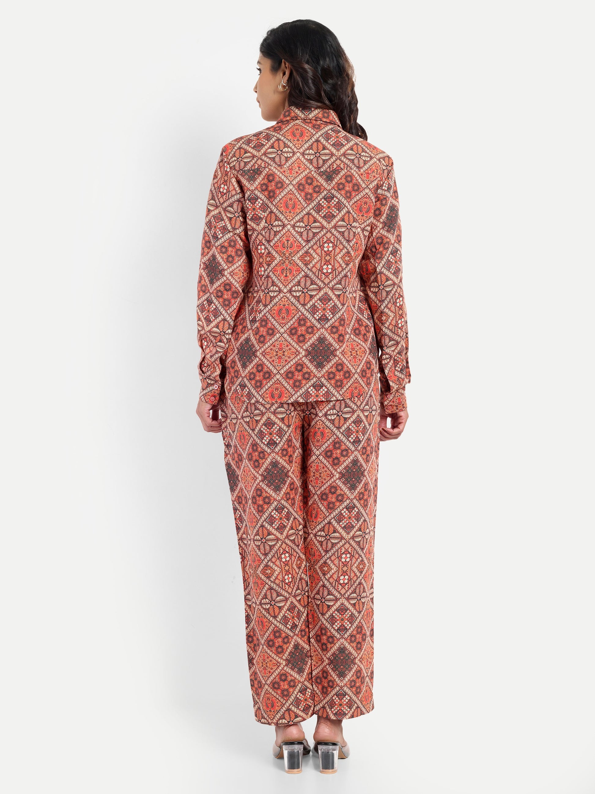Women’s red printed Kedia shirt CB set with long sleeve shirt and matching pants