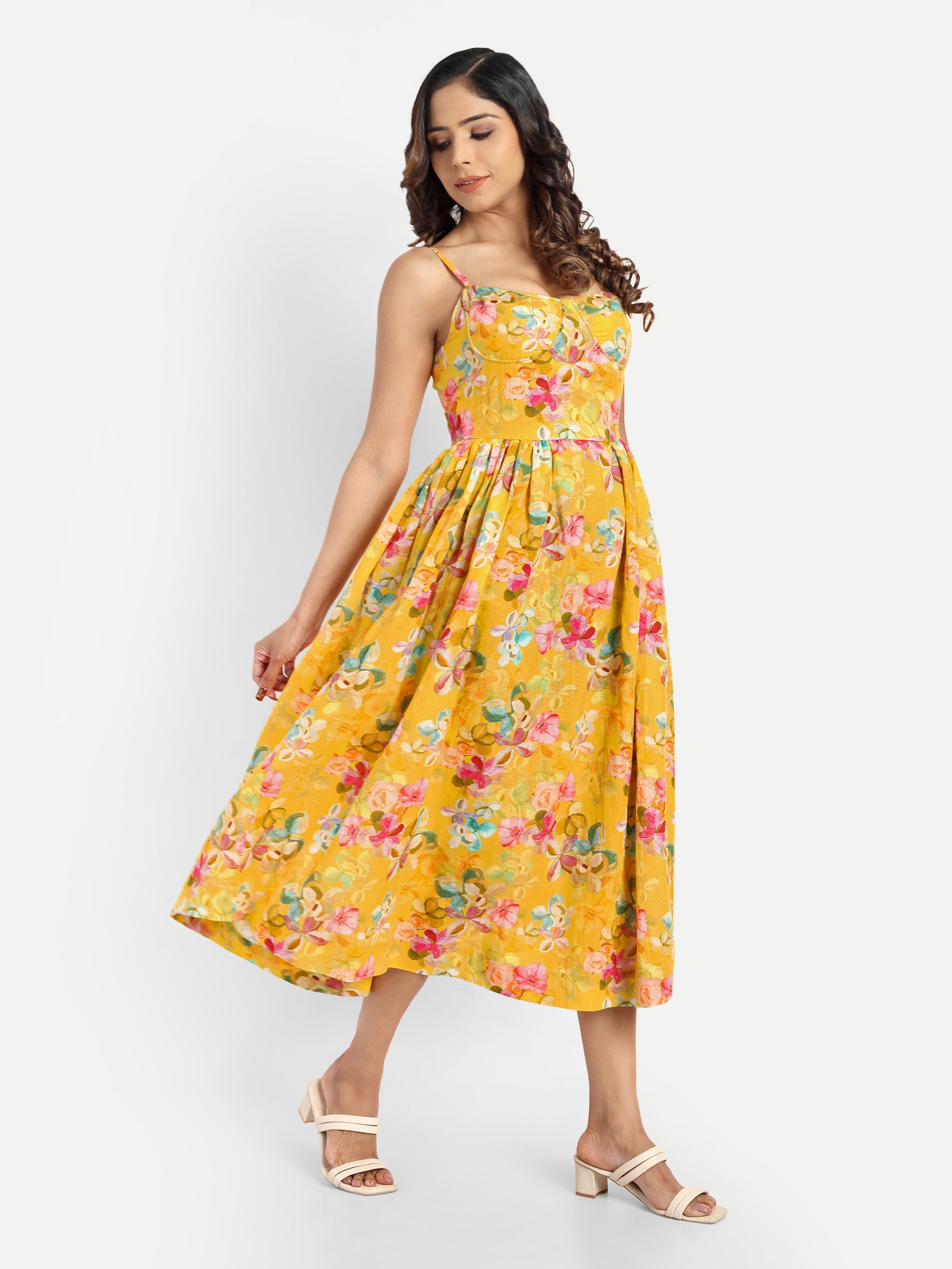 Women’s yellow floral Meto midi dress with strappy sleeves and flowy summer silhouette