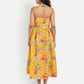 Women’s yellow floral Meto midi dress with strappy sleeves and flowy summer silhouette