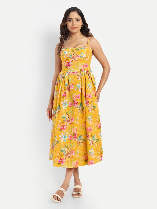Women’s yellow floral Meto midi dress with strappy sleeves and flowy summer silhouette